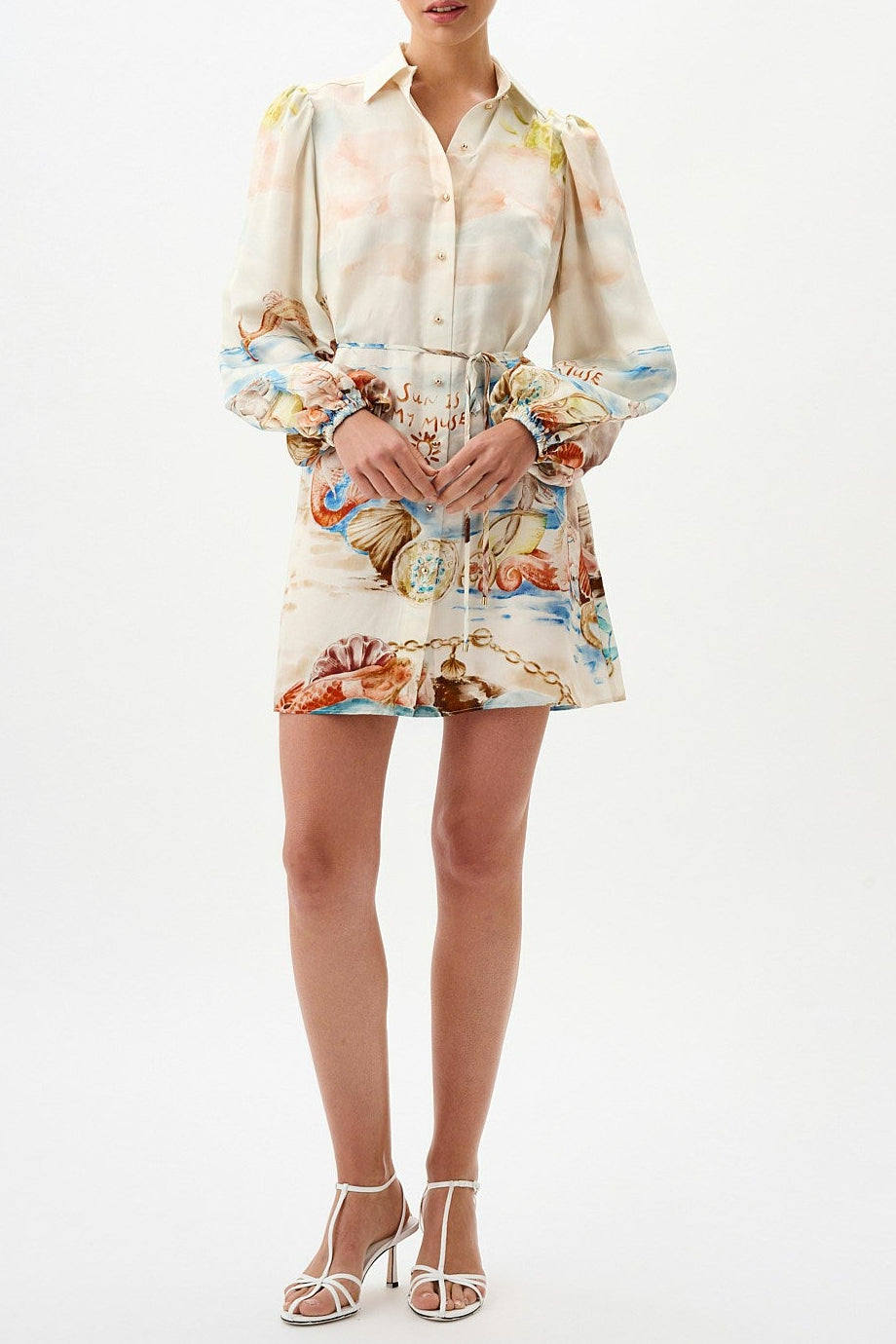 Printed puff long-sleeved collared mini dress