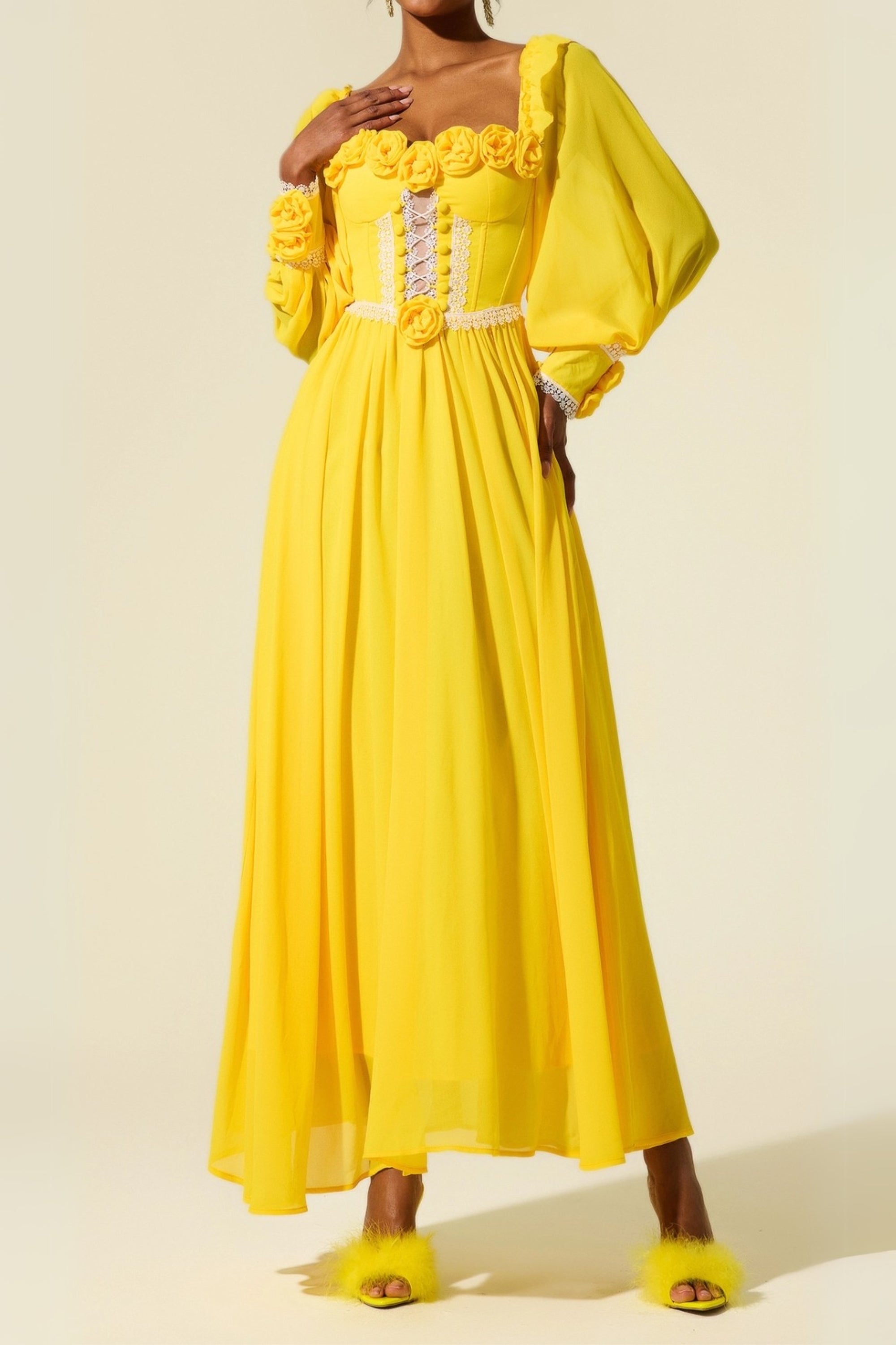 Chiffon 3D Flower Long Sleeve Midi Dress in yellow