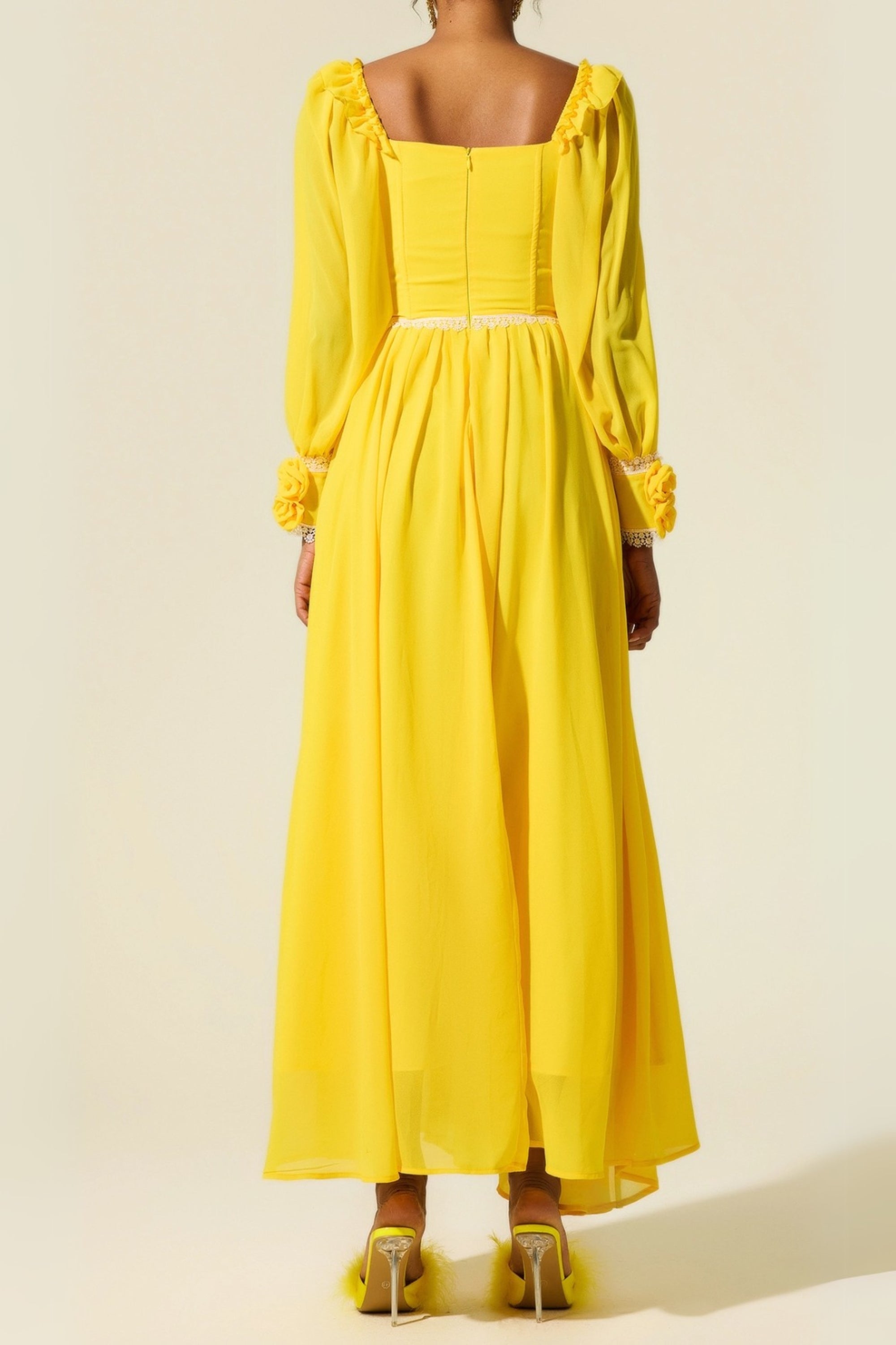 Chiffon 3D Flower Long Sleeve Midi Dress in yellow