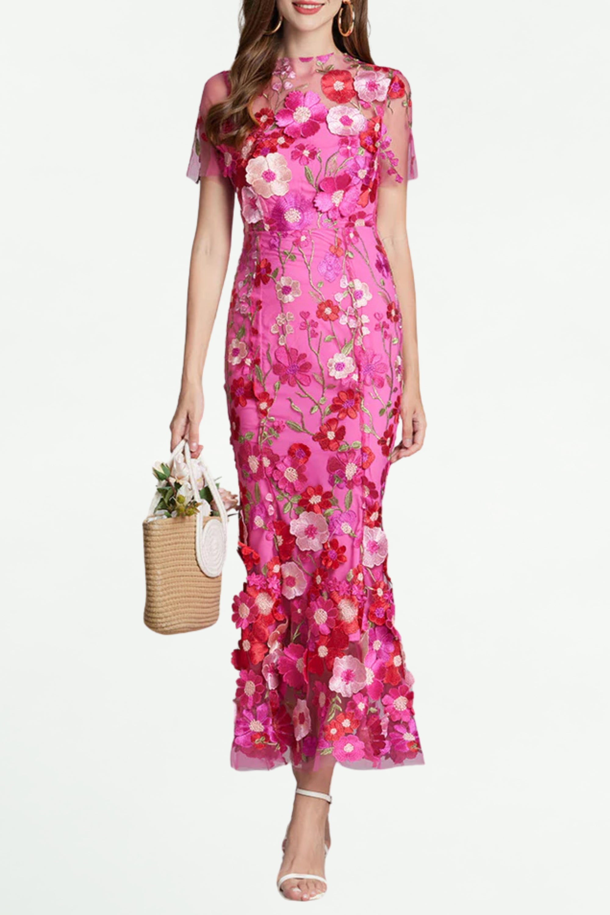 CAROL ROSE RED FLORAL EMBROIDERY MESH FISHTAIL MIDI DRESS