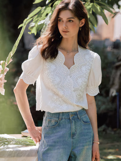 Eva Retro V-neck Embroidered Chiffon Shirt