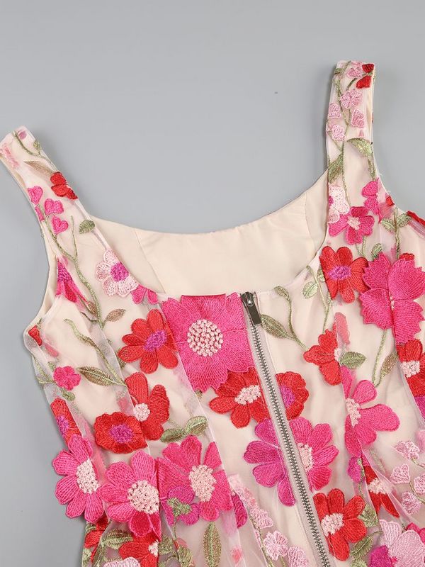 FLORAL embroidery MINI DRESS in rose red