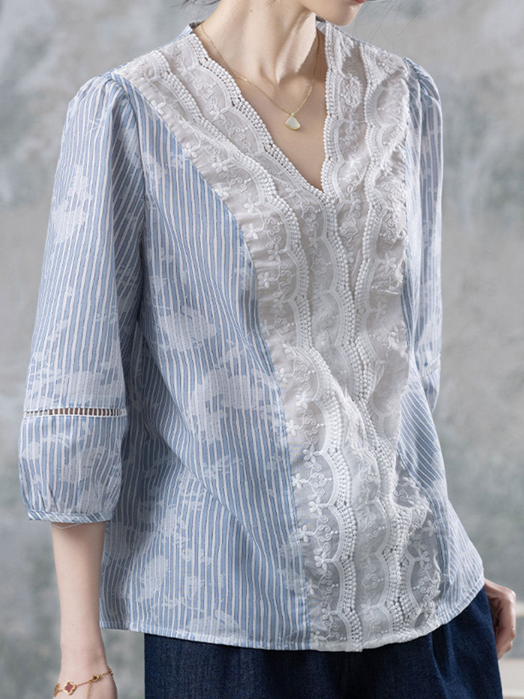 Riley Casual V-Neck Lace Embroidered Blouse