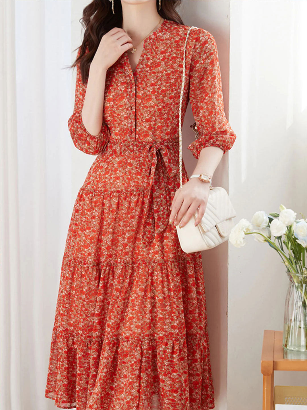 lyuba Vintage Ruffle Floral Chiffon Maxi Dress