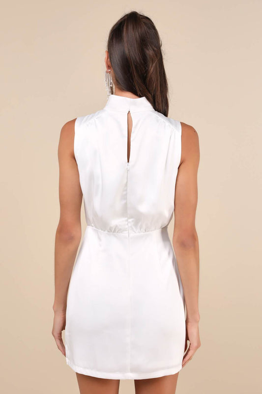 White Satin Sleeveless Mock Neck Mini Dress