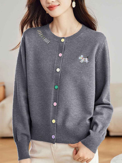 Camila Loose Embroidered Colorful Buttons Knitted Cardigan