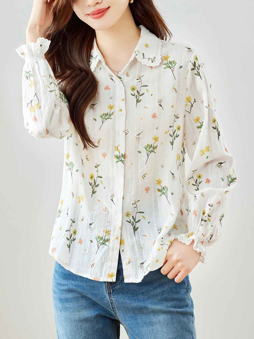 nancy Classic Lapel Embroidered Floral Shirt