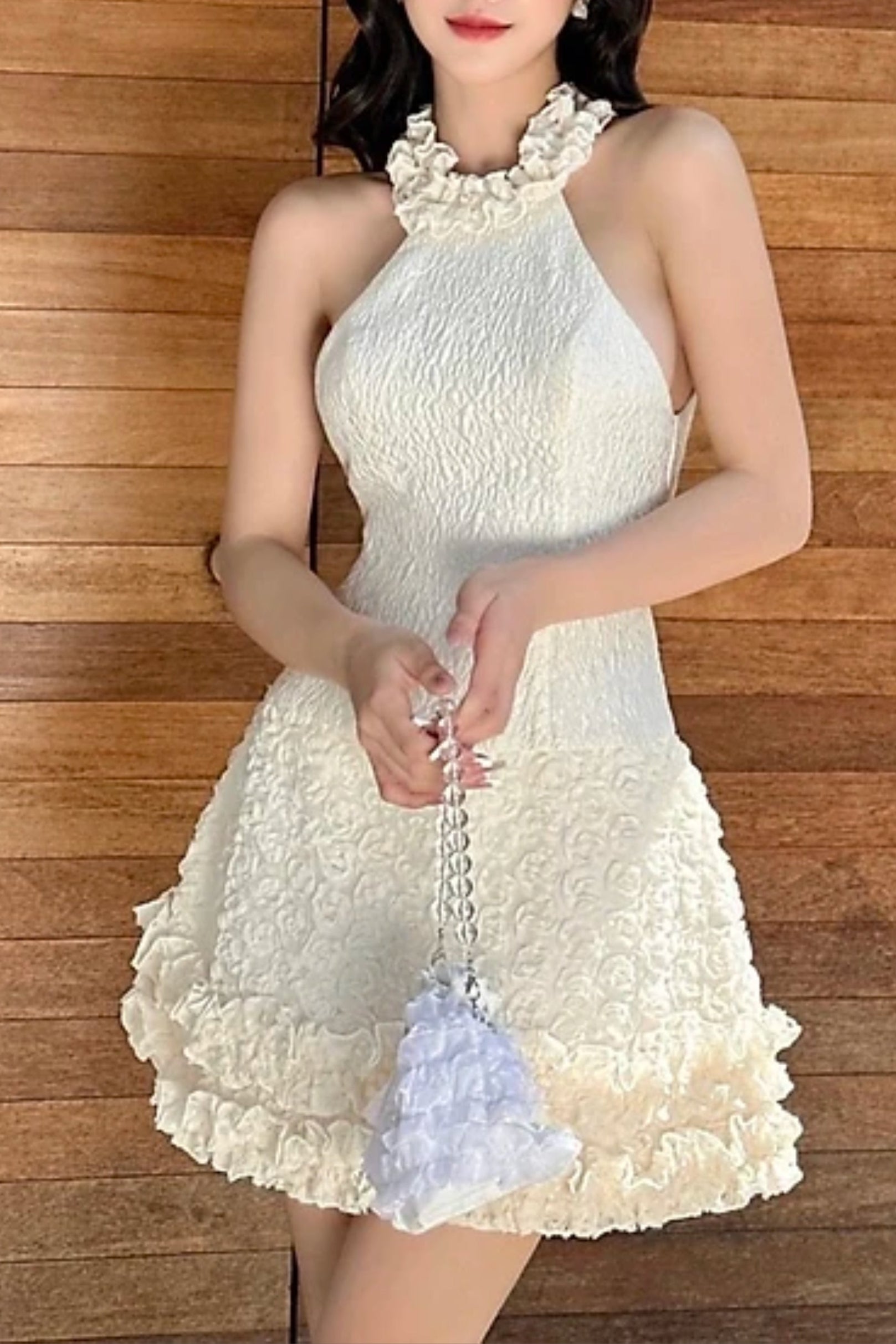 Summer Sleeveless Ruffle Collar Jacquard Mini Dress