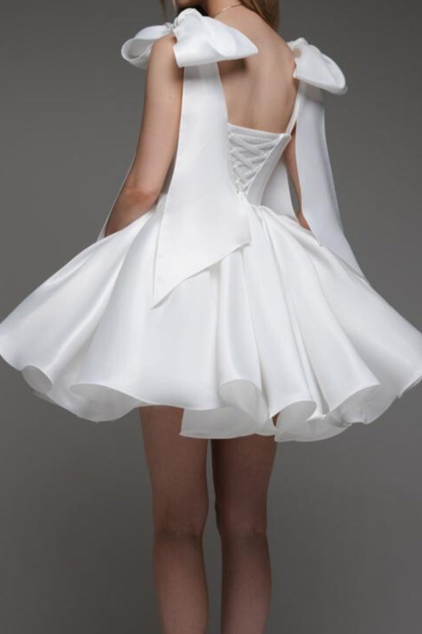 WHITE BOW PUFFY MINI DRESS
