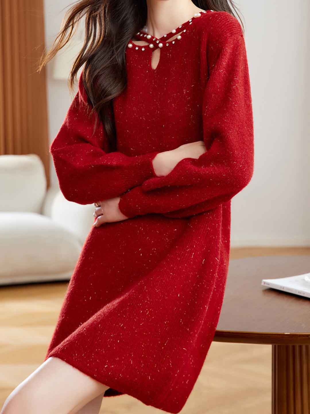 Hannah Elegant Crew Neck Beaded Knitted Sweater Dress