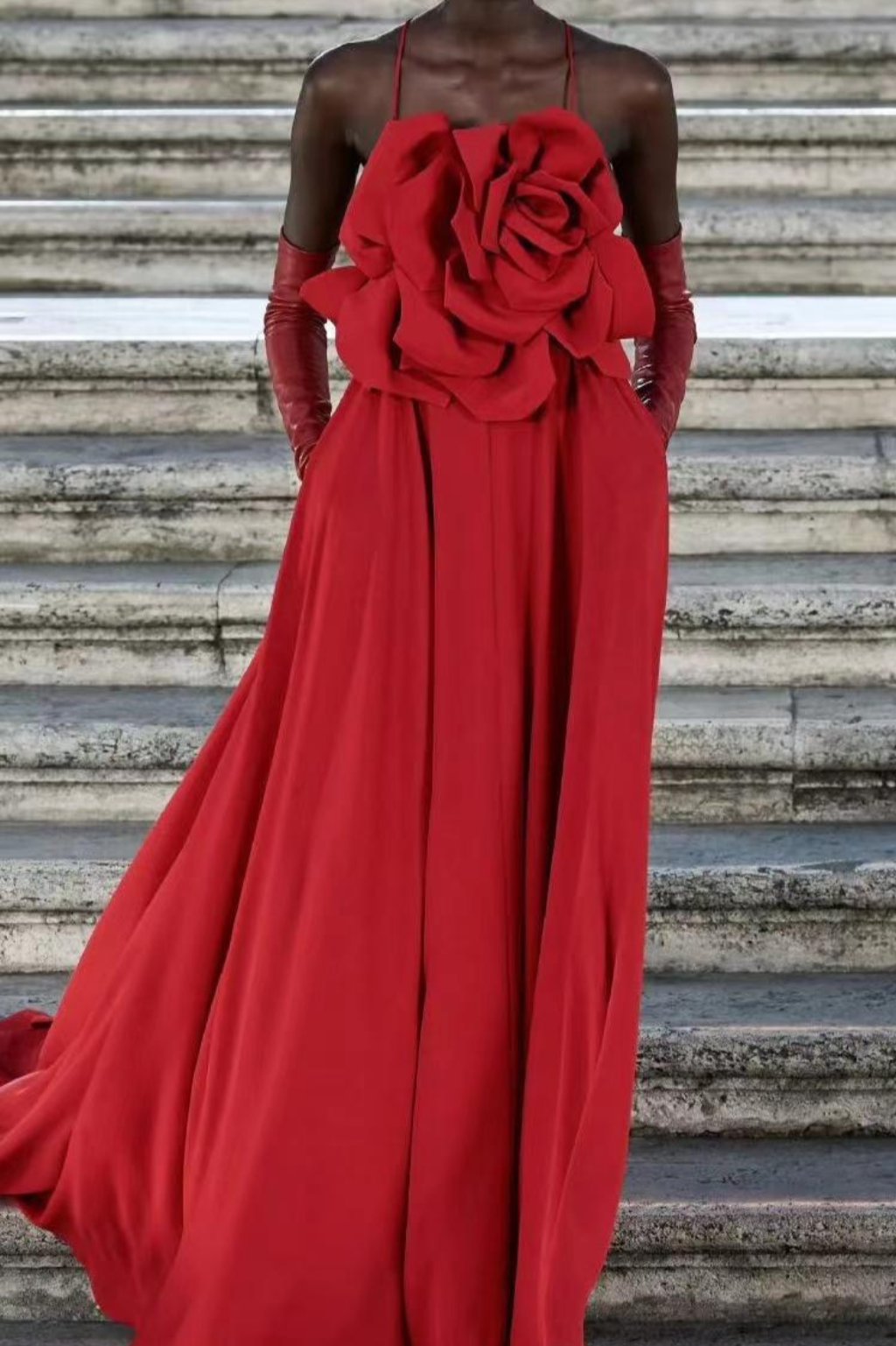 winifred 3d flower strap maxi dress in red