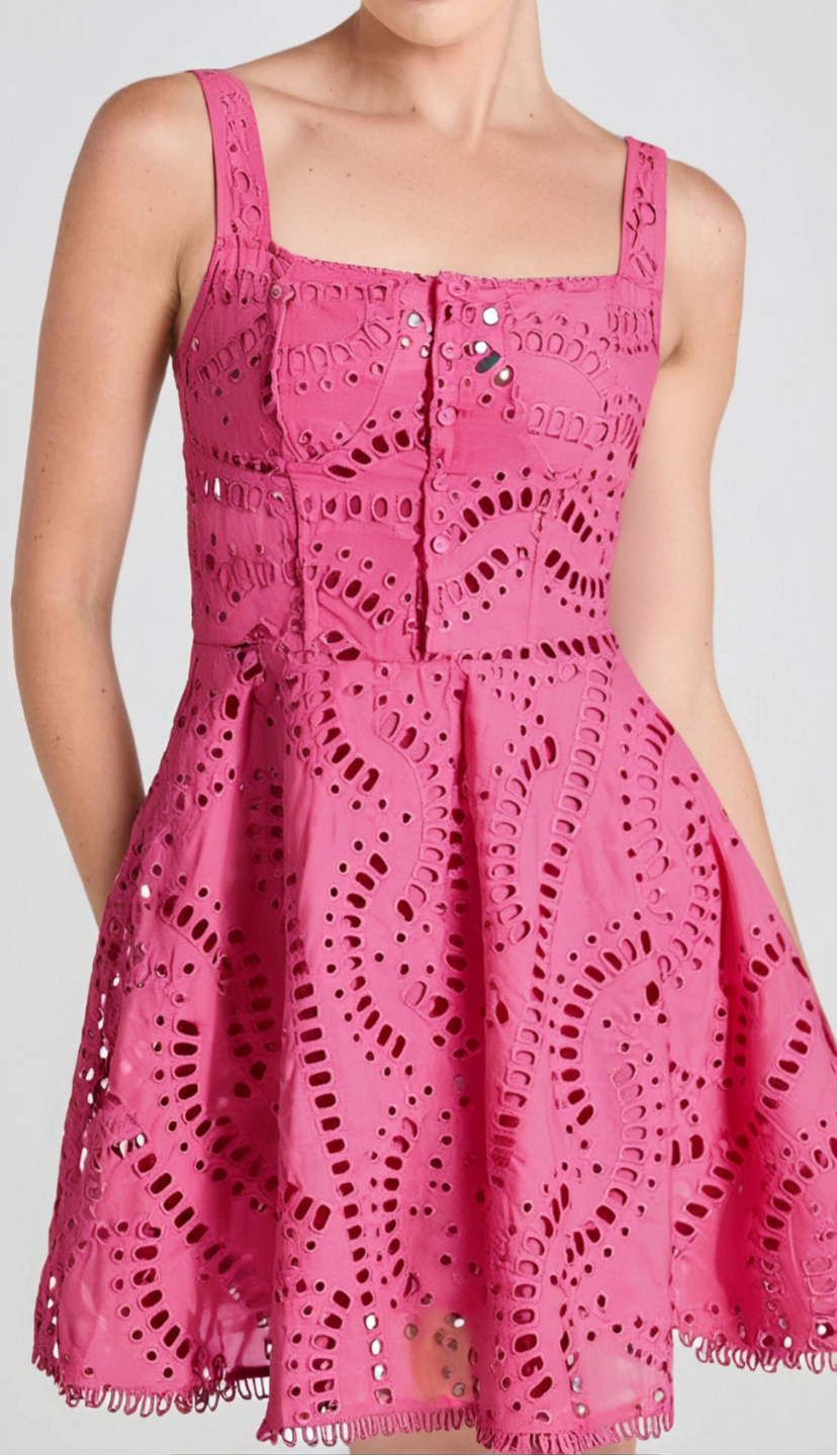 EMBROIDERED HOLLOW MINI DRESS IN HOT PINK