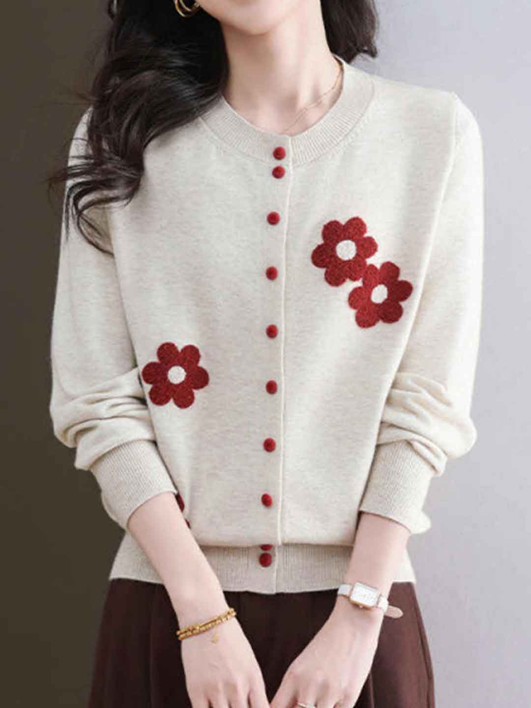 Destiny Daily Crew Neck Embroidered Knitted Cardigan
