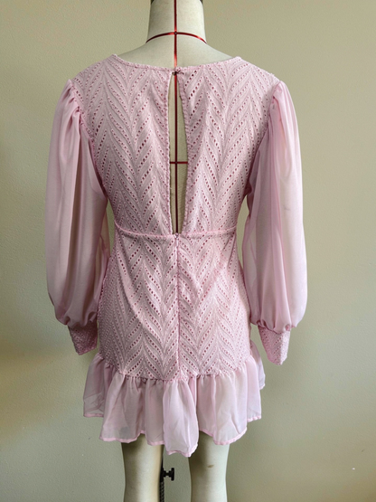 Lantern sleeve deep V-neck hollowed-out mini dress - pink