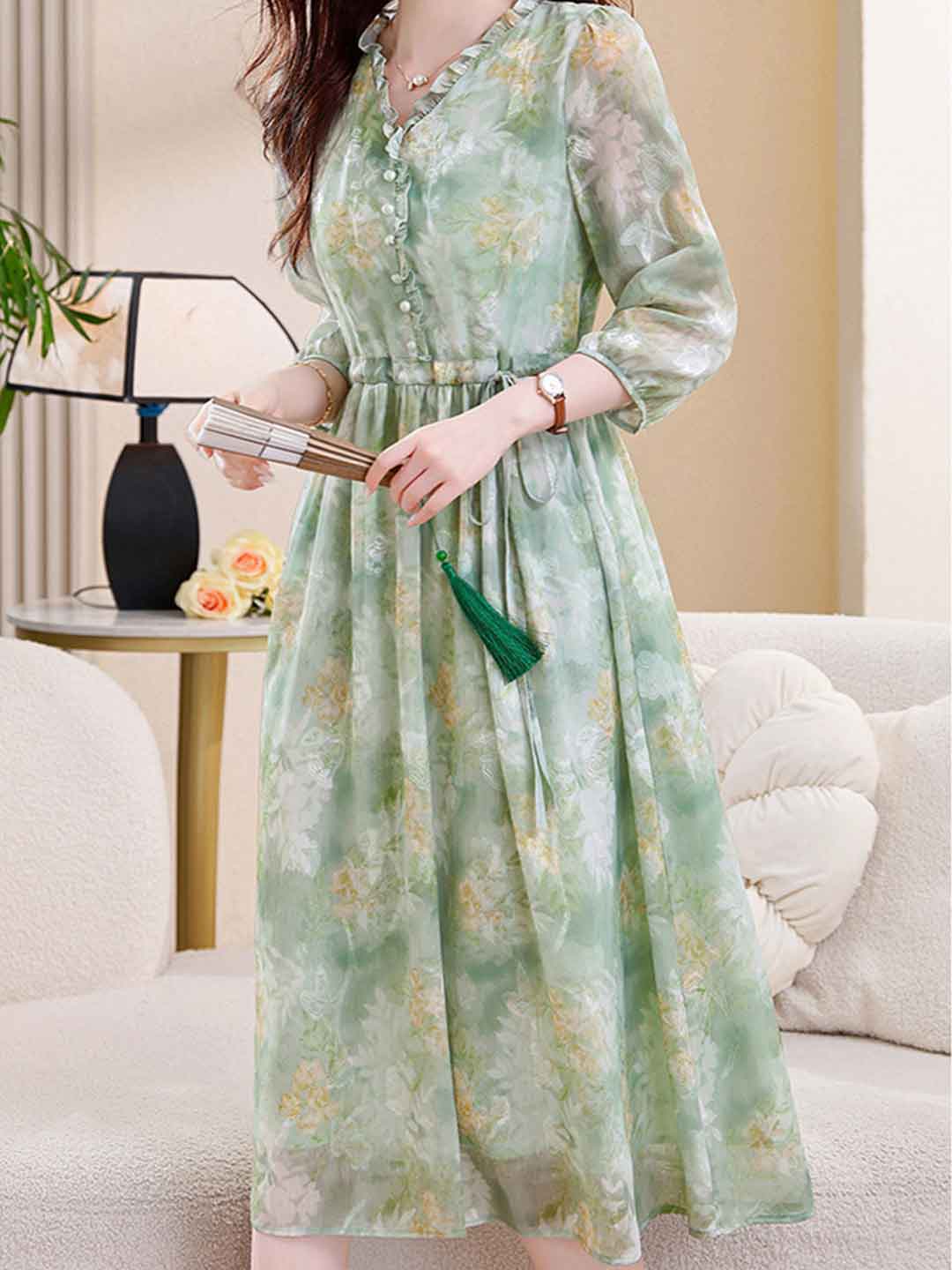 martha Vacation Auricular Collar Jacquard Drawstring Dress