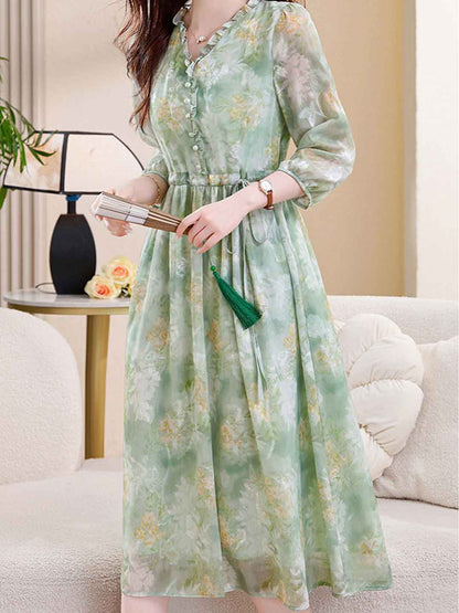 martha Vacation Auricular Collar Jacquard Drawstring Dress