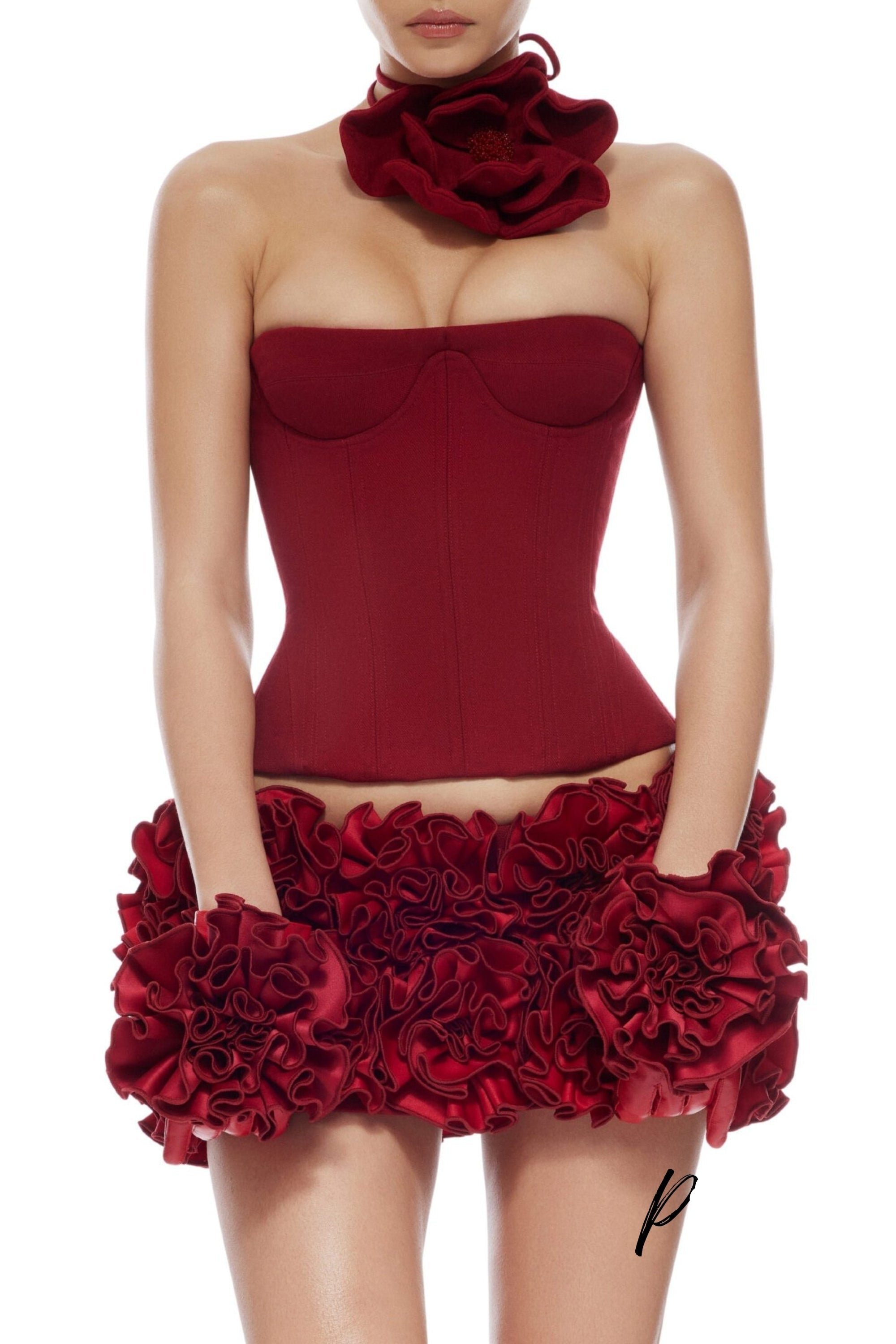 CLEGG RED CORSET FLOWER TWO-PIECE SET