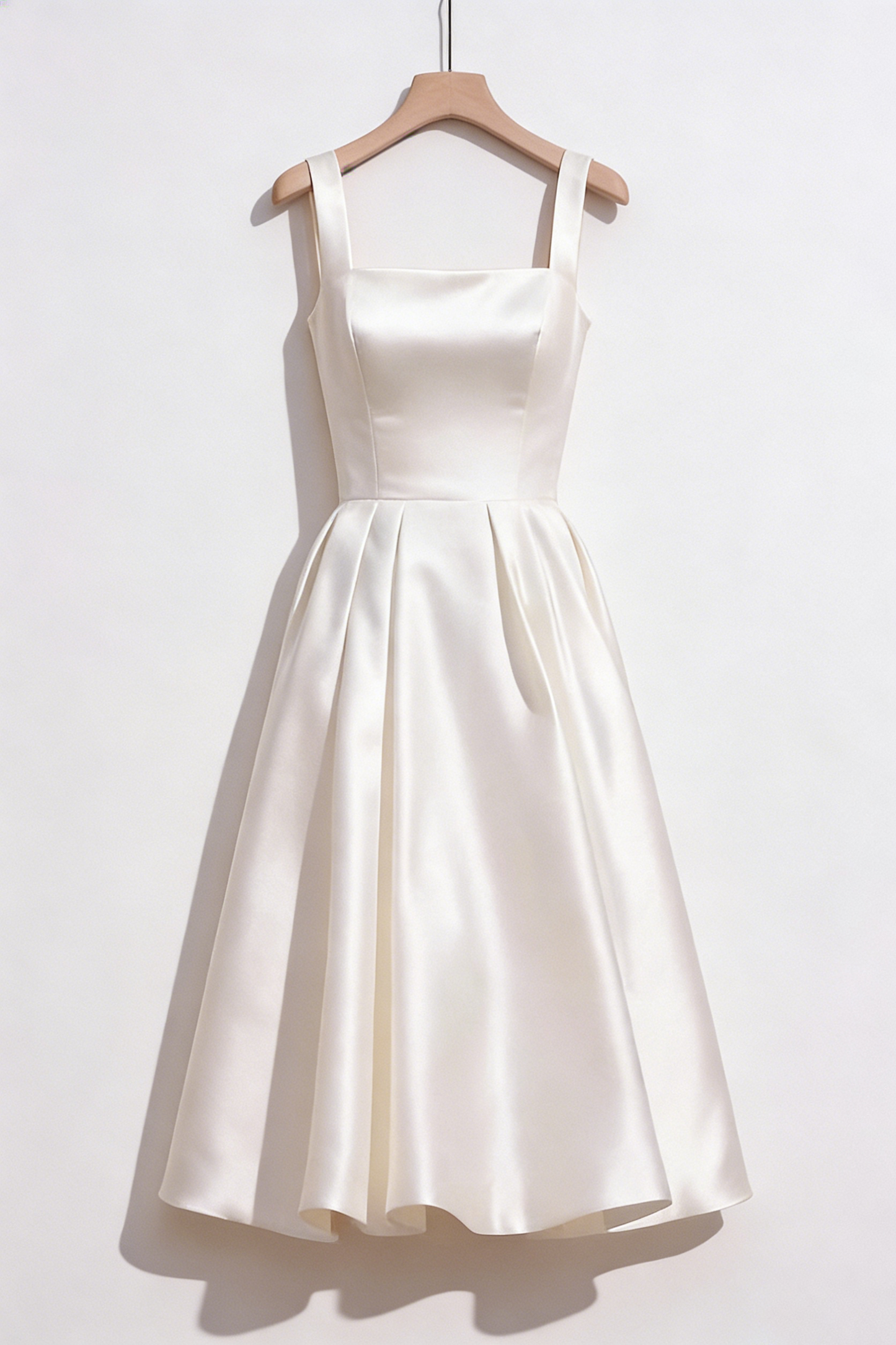 Sharon White Square Neck Satin Midi Wedding Dress