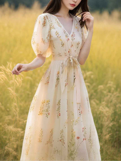 roxanne Vacation V-Neck Puff Sleeve Floral Dress