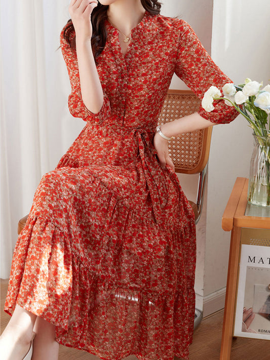 lyuba Vintage Ruffle Floral Chiffon Maxi Dress