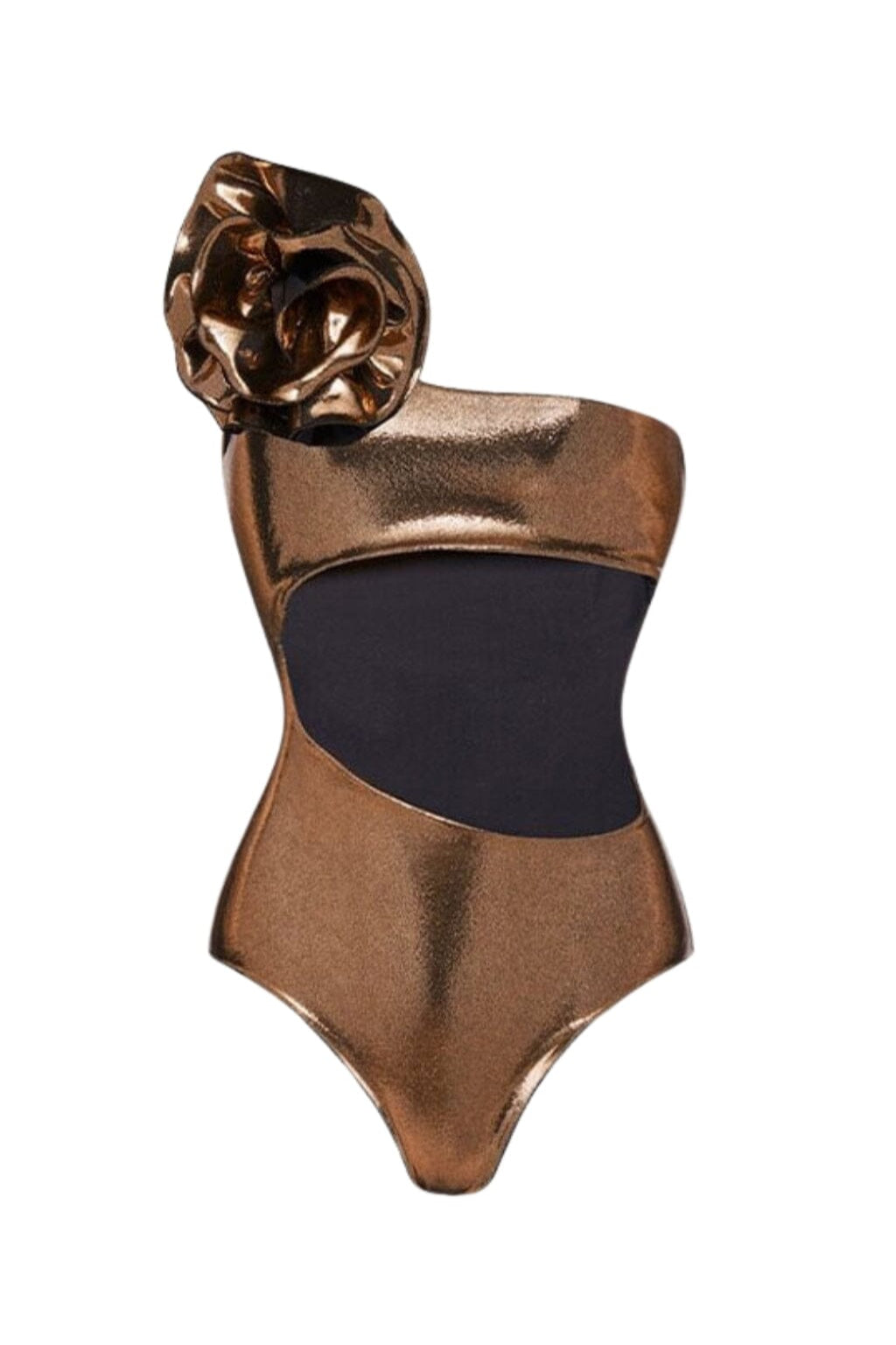 DIAGONAL CUTOUT FLOWER SWIMSUIT IN GOLD styleofcb 