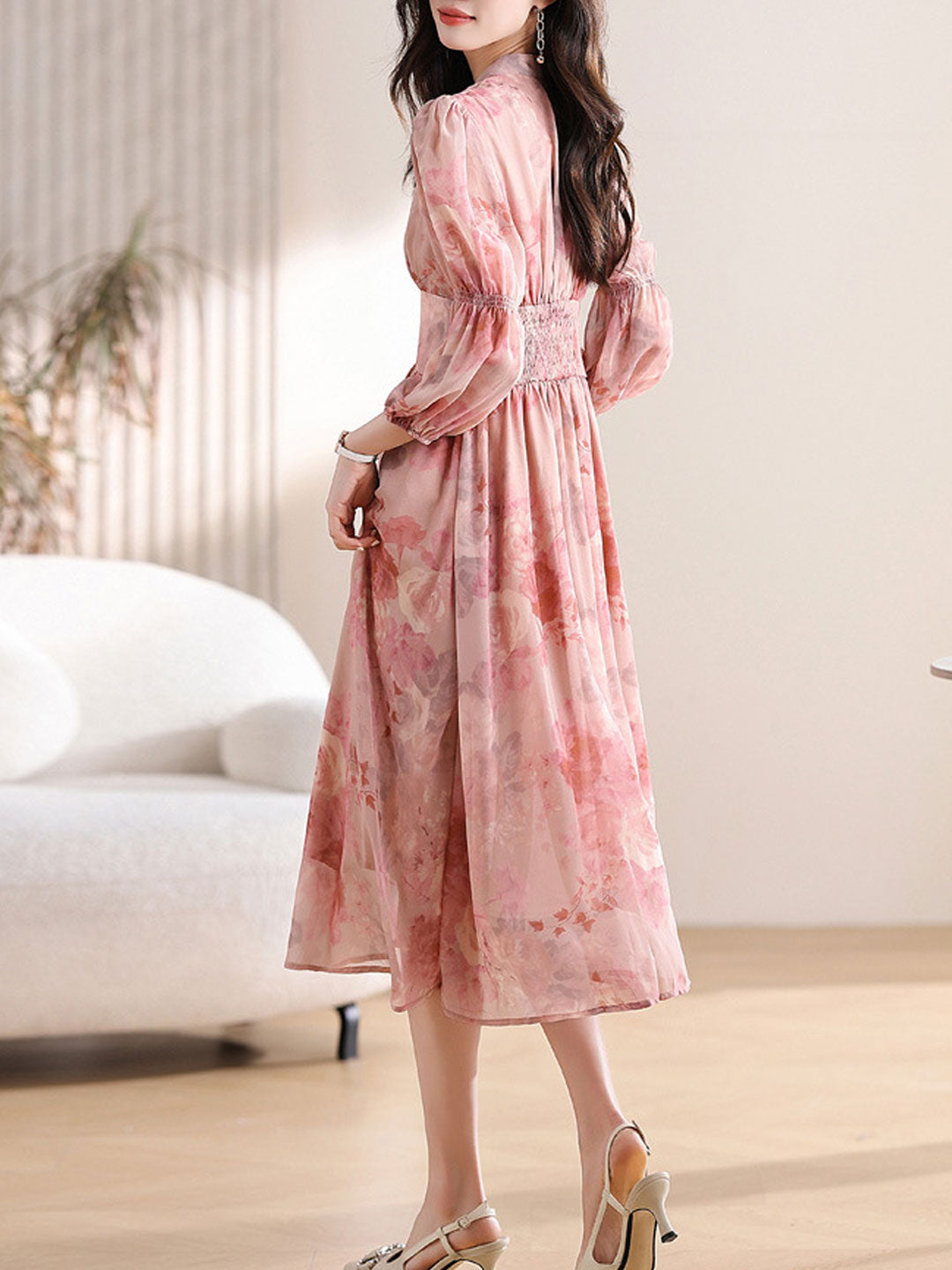 Madison Daily V-Neck Puff Sleeve Chiffon Floral Dress
