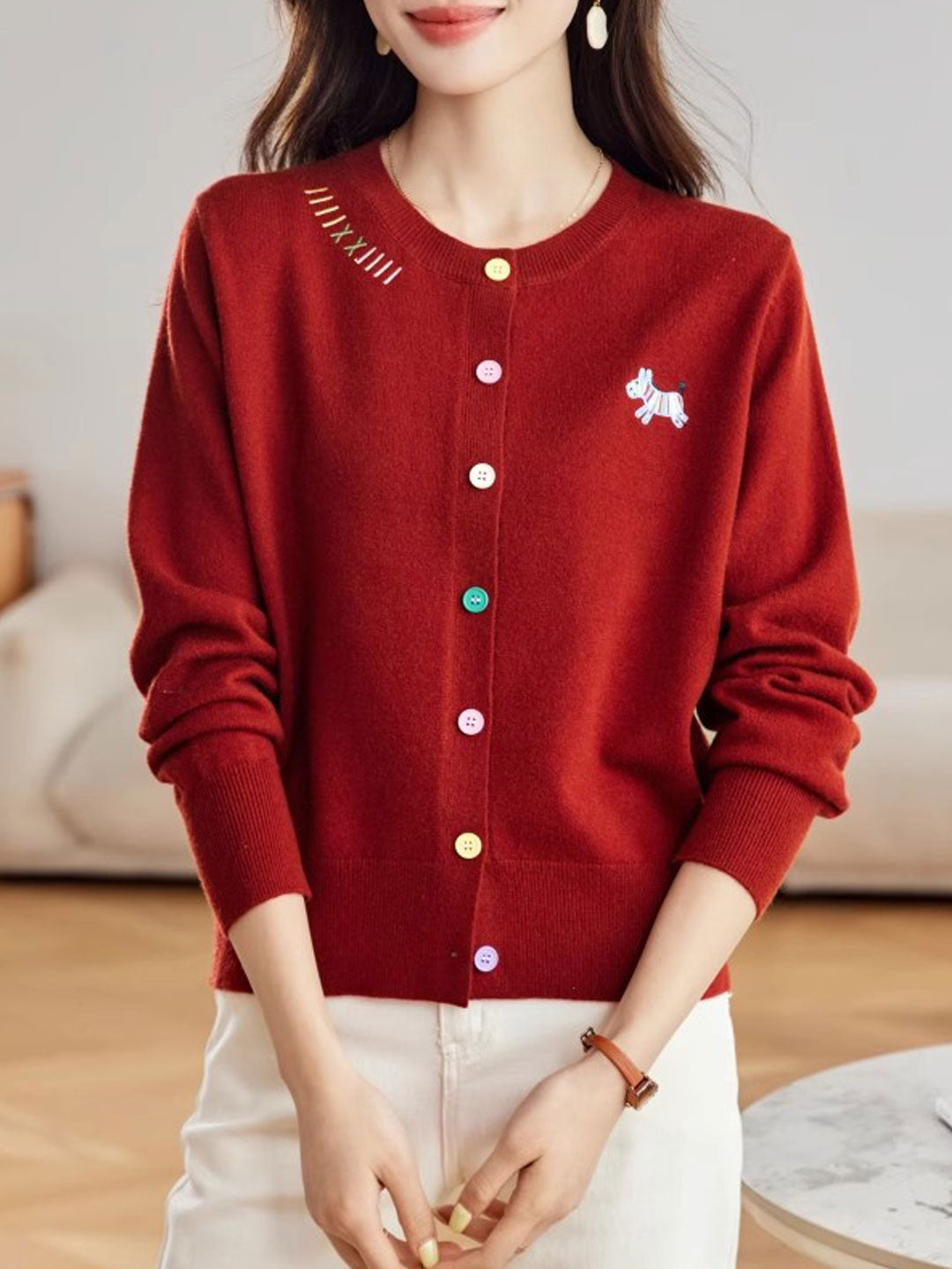 Camila Loose Embroidered Colorful Buttons Knitted Cardigan