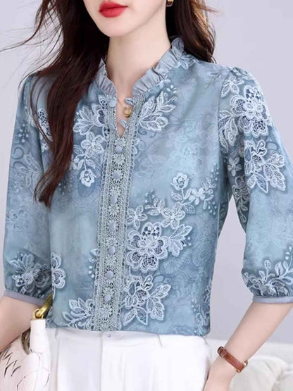 simona Classic Auricular Collar Printed Chiffon Top
