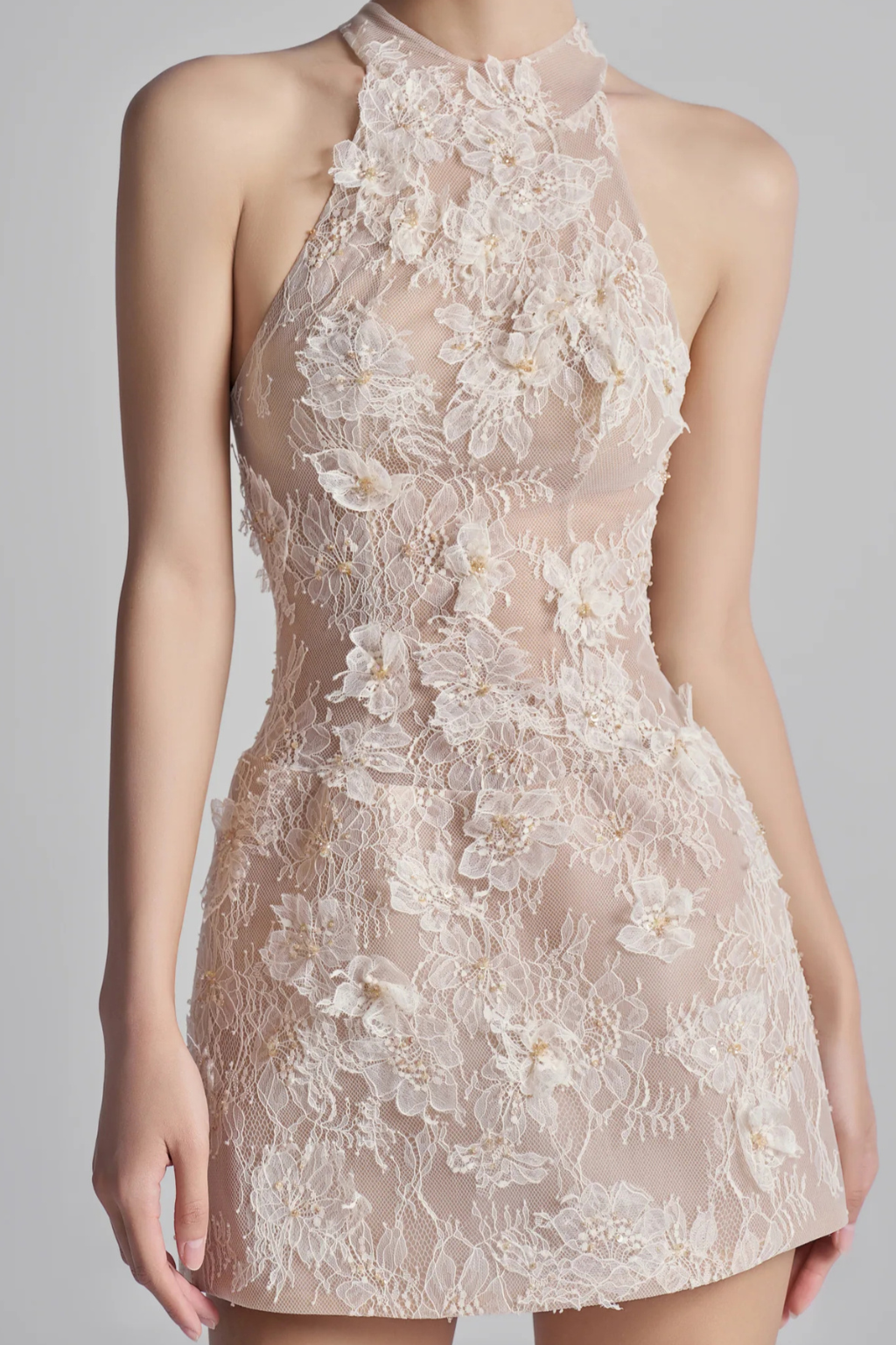 Floral Lace Mini Dress In Beige Orange