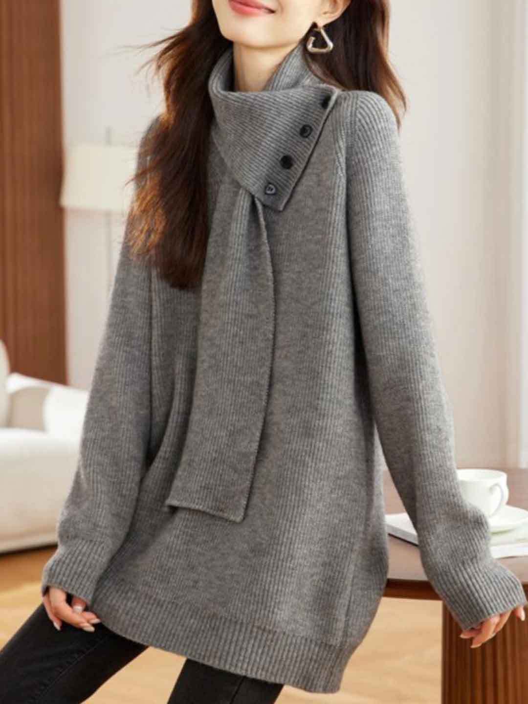 Maya Daily Button Scarf Solid Color Knitted Sweater