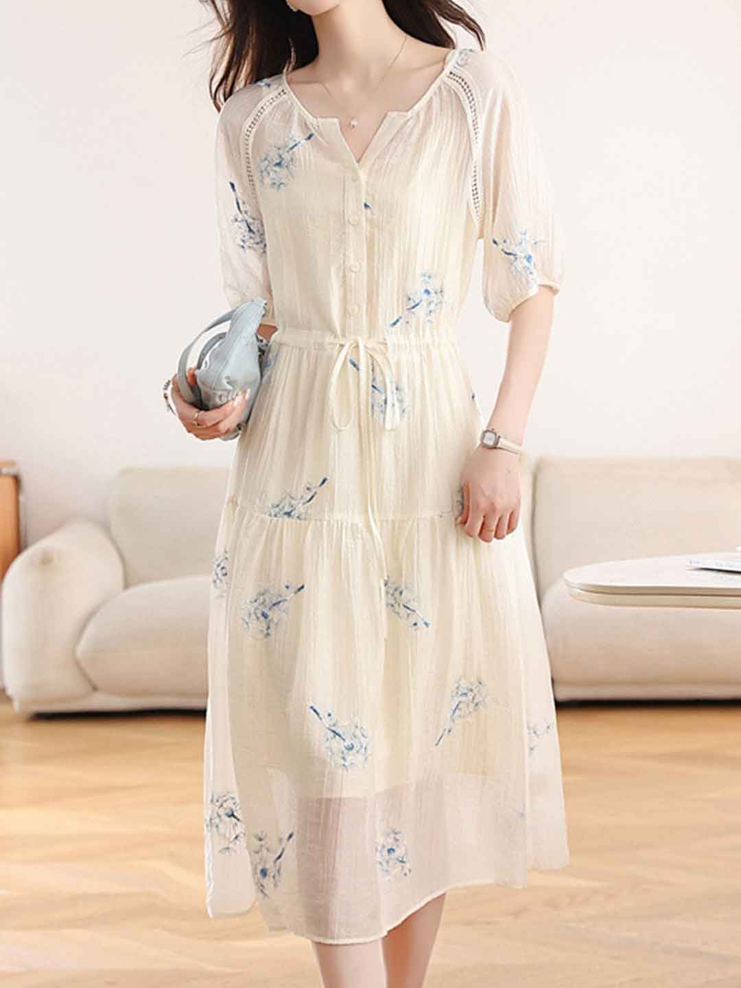 nora Waisted V-Neck Embroidered Dress