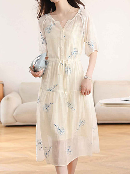 nora Waisted V-Neck Embroidered Dress