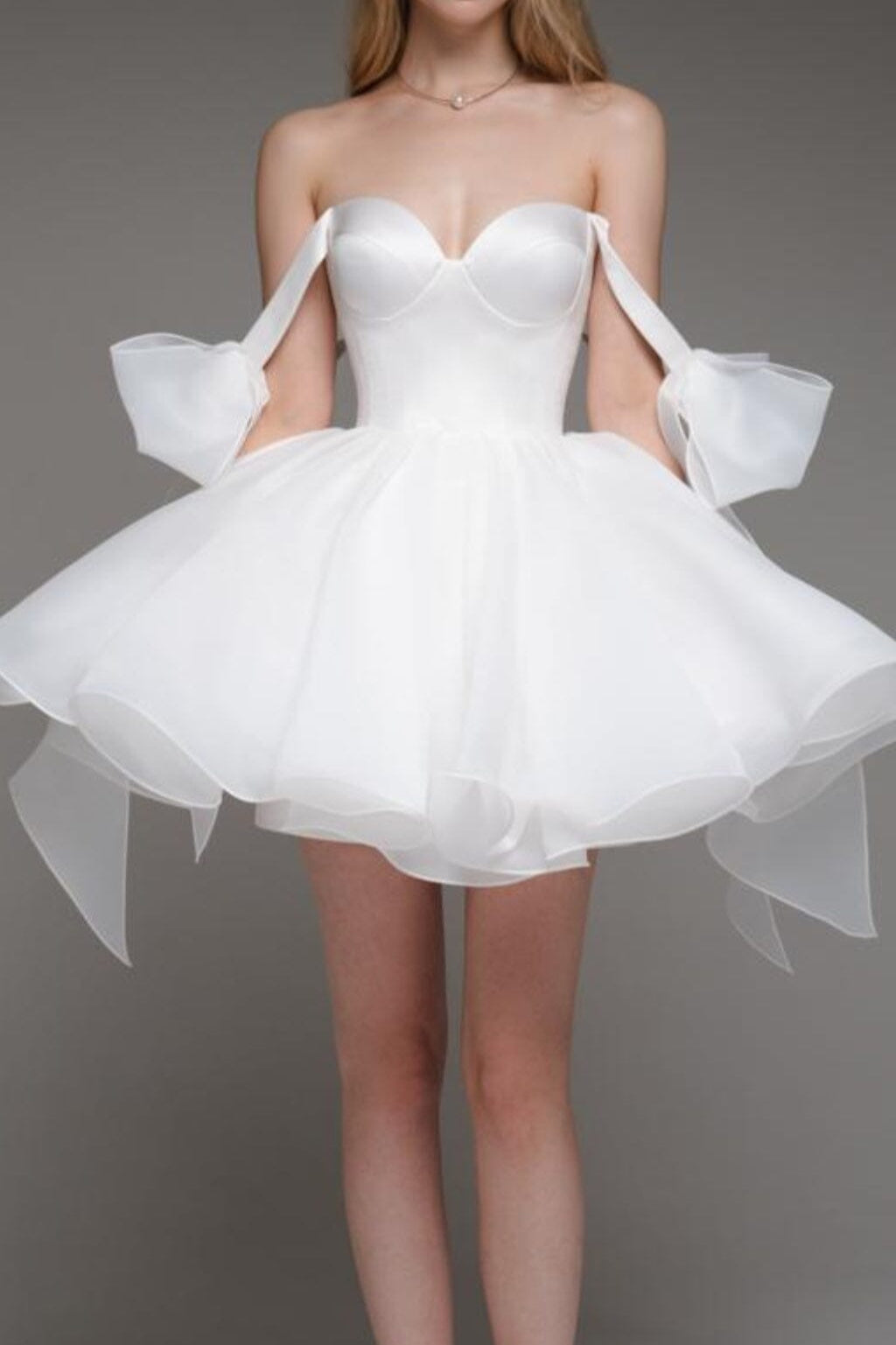 WHITE BOW PUFFY MINI DRESS