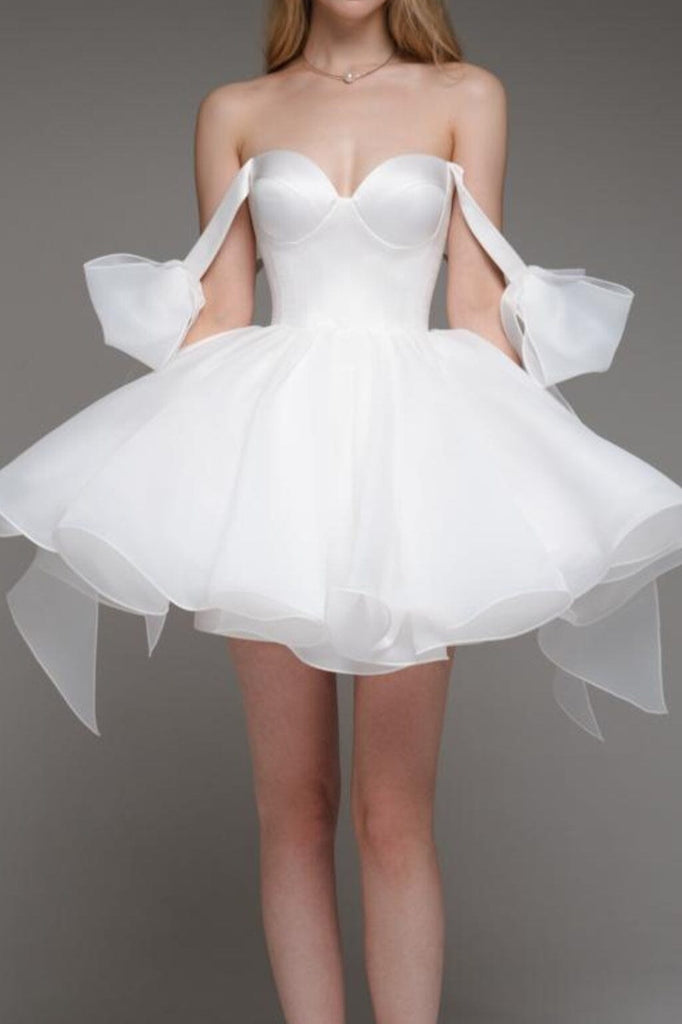 WHITE BOW PUFFY MINI DRESS