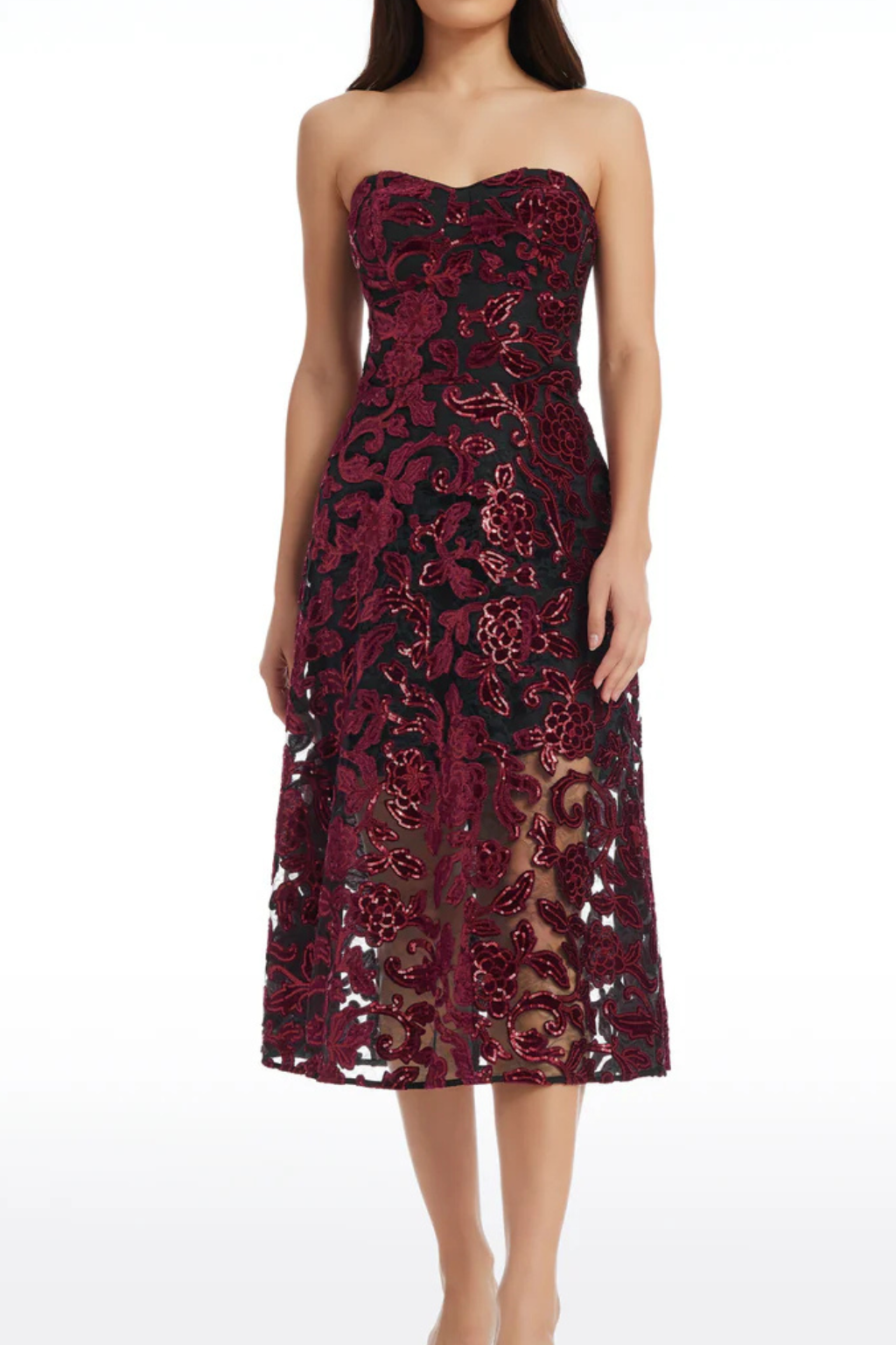 floral print strapless bustier midi dress in burgundy