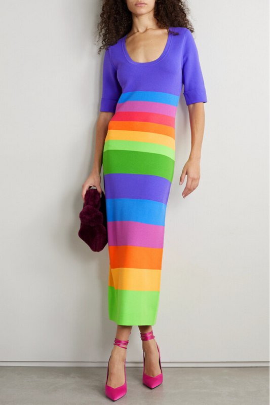Striped Jersey Maxi Dress in Purple