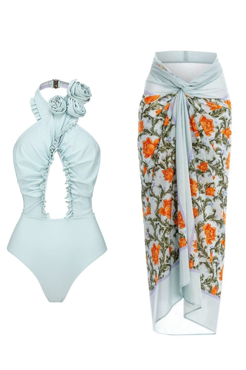 BLUE HALTER 3D FLOWER ONE PIECE SWIMSUIT AND SARONG styleofcb SWIMSUIT AND SARONG S 
