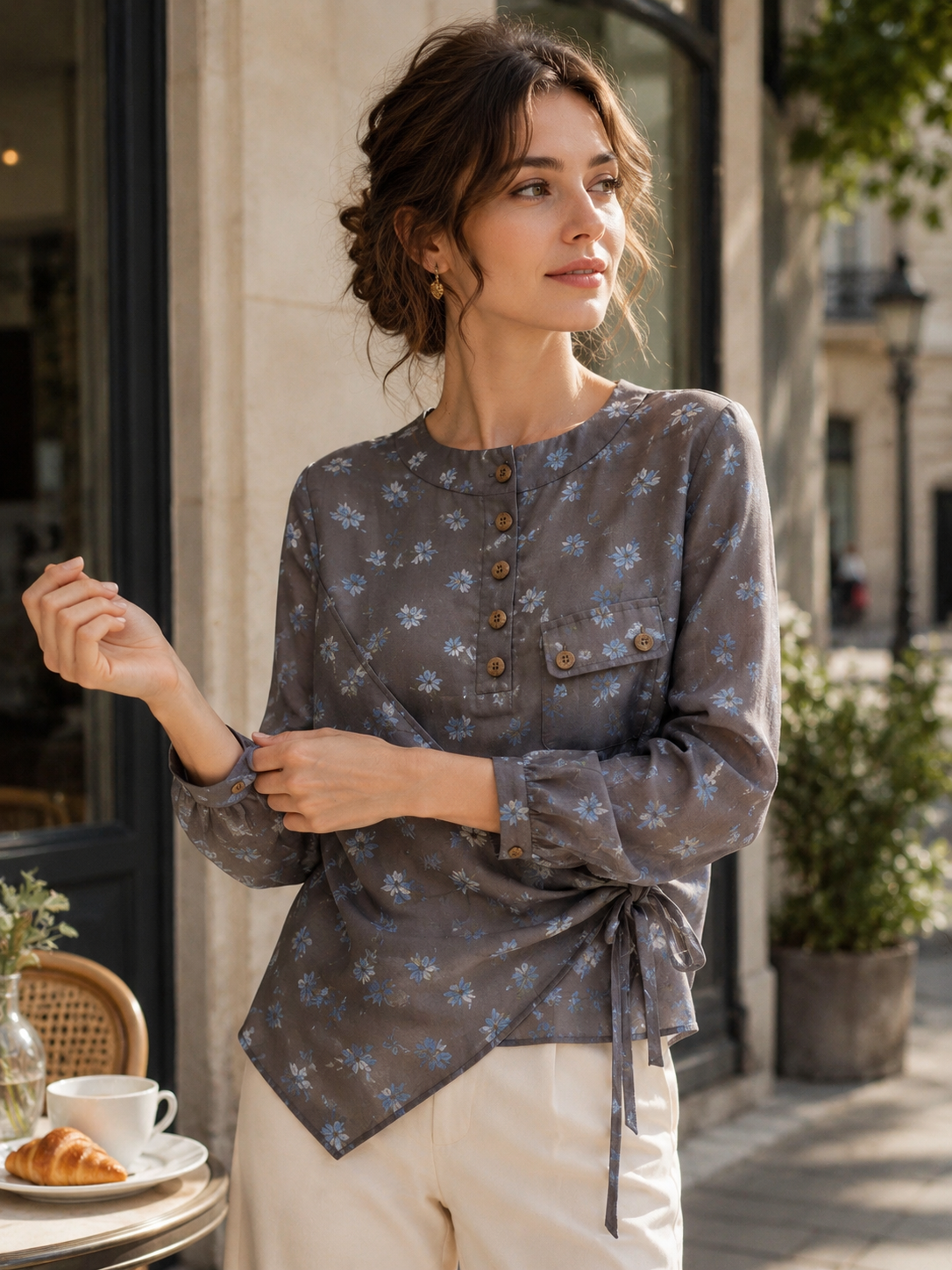 New French Floral Tie-front Shirt