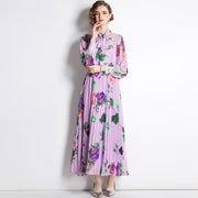 Purple floral print long-sleeved pleated maxi dress