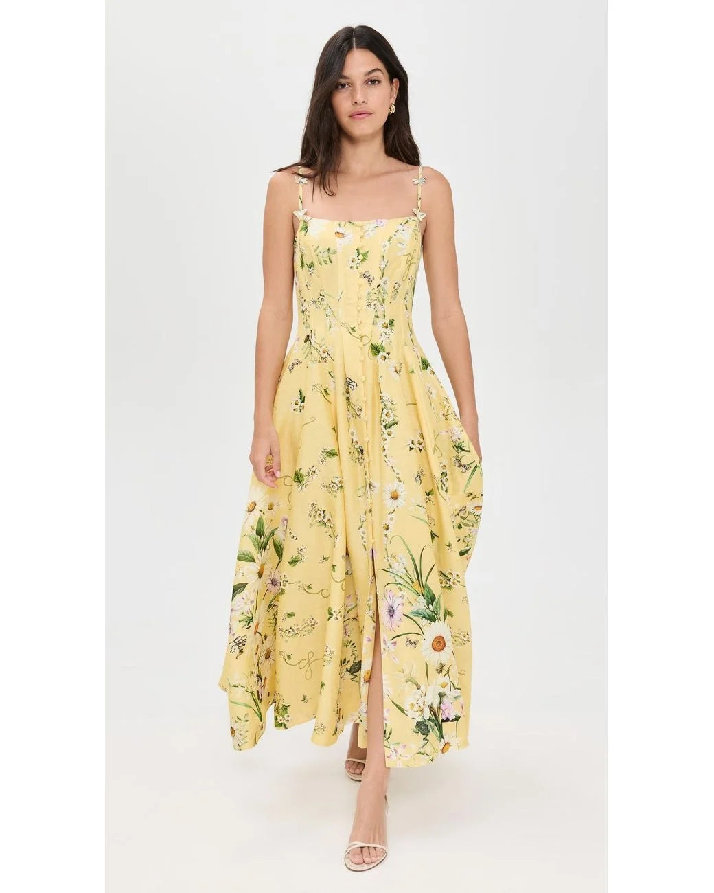 Printed button-front camisole midi dress with side slits