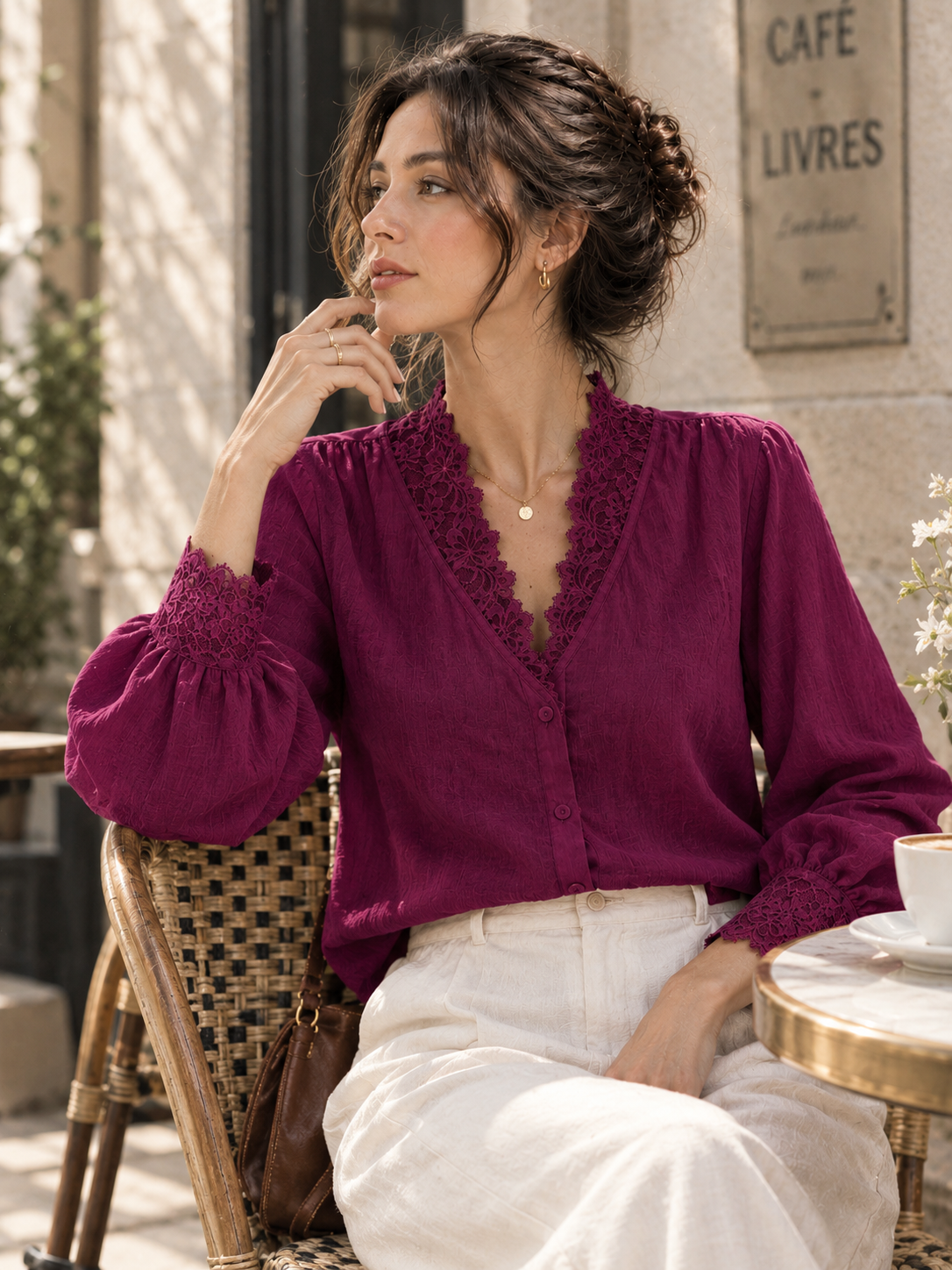 French-style V-neck Lace-panel Blouse