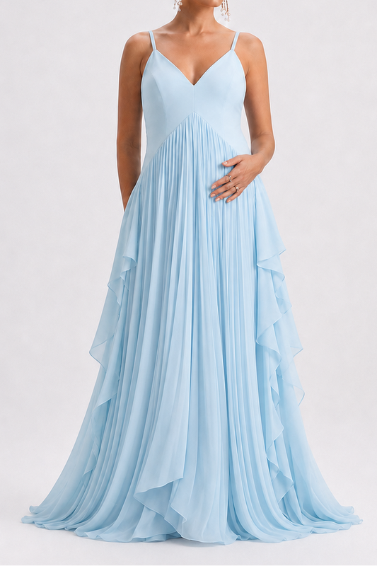 Light Blue Pleated Sleeveless V-Neck maxi Dress
