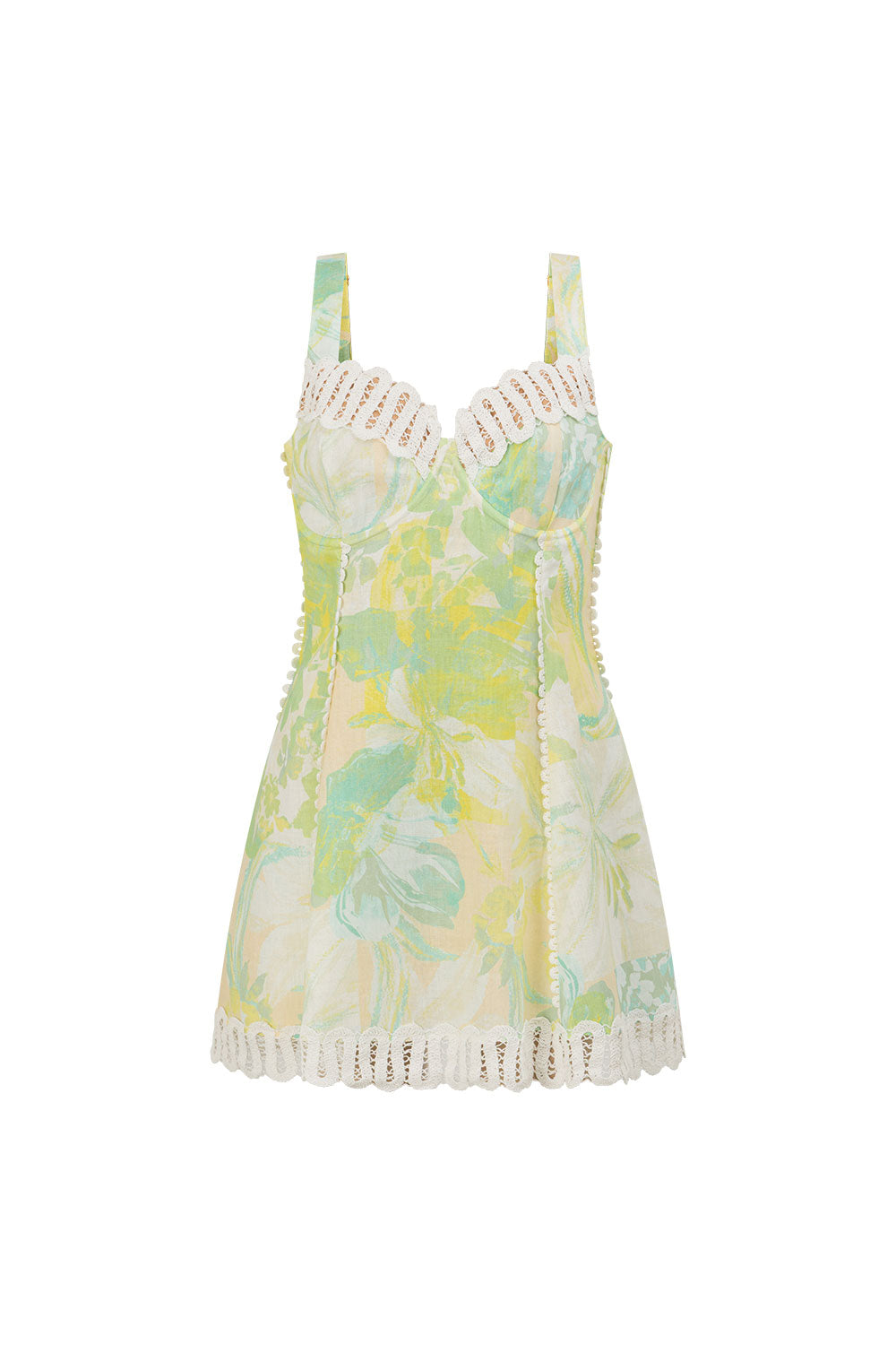 floral print Lace-trimmed V-neck linen camisole mini dress - green