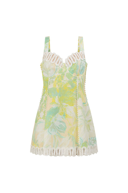 floral print Lace-trimmed V-neck linen camisole mini dress - green