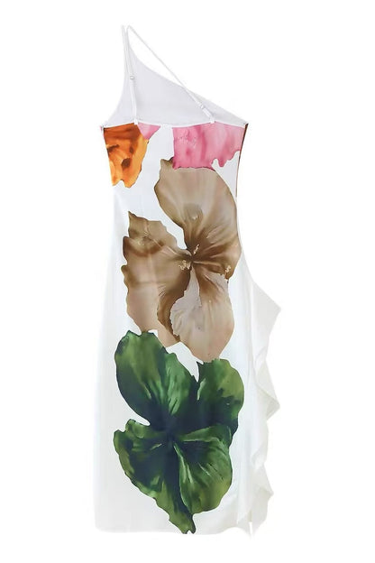 One Shoulder Side Draped Ruffle Slit Floral Print Maxi Dress