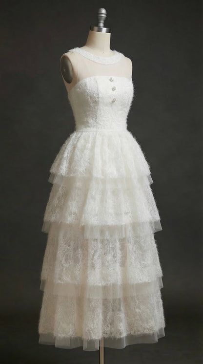 alison mesh stitching layer dress in white