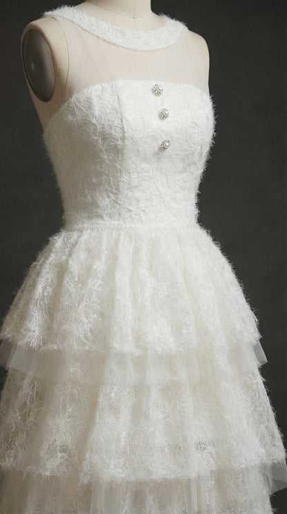 alison mesh stitching layer dress in white