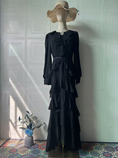 V-neck long-sleeve ruffle maxi dress