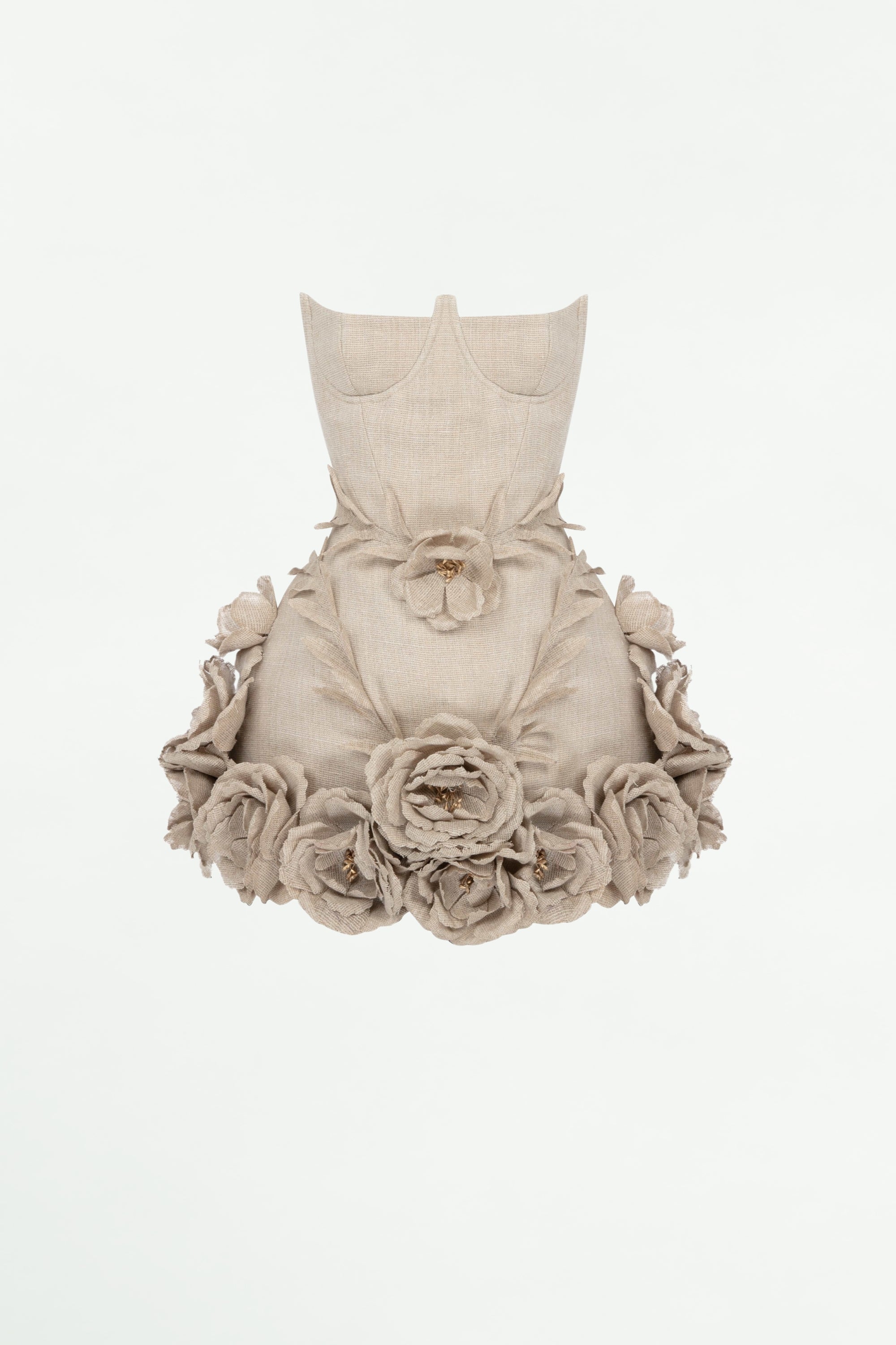 ABITO CORSETTO IN LINO BEIGE CON DETTAGLI FIORI SALOME