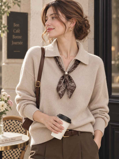 Polo Collar Silk Scarf Detail Sweater